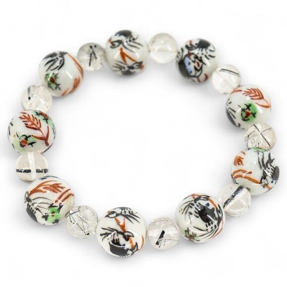 Japanese Hand Painted Porcelain Crab Motif & Tourmalinated Quartz Bead Bracelet - Picture 1 of 8
